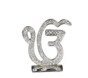 Sikh Religious Ek Onkar Metal Silver Color Nug Diamond Statue for Car Dashboard